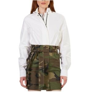RtA Niccola Mixed Media Camo Print Long Sleeve Dress - White Green - Size Small